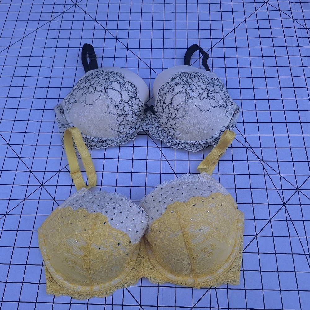 2 Victoria's Secret Bra 34DD Yellow Black Cream Studded Lace Sexy